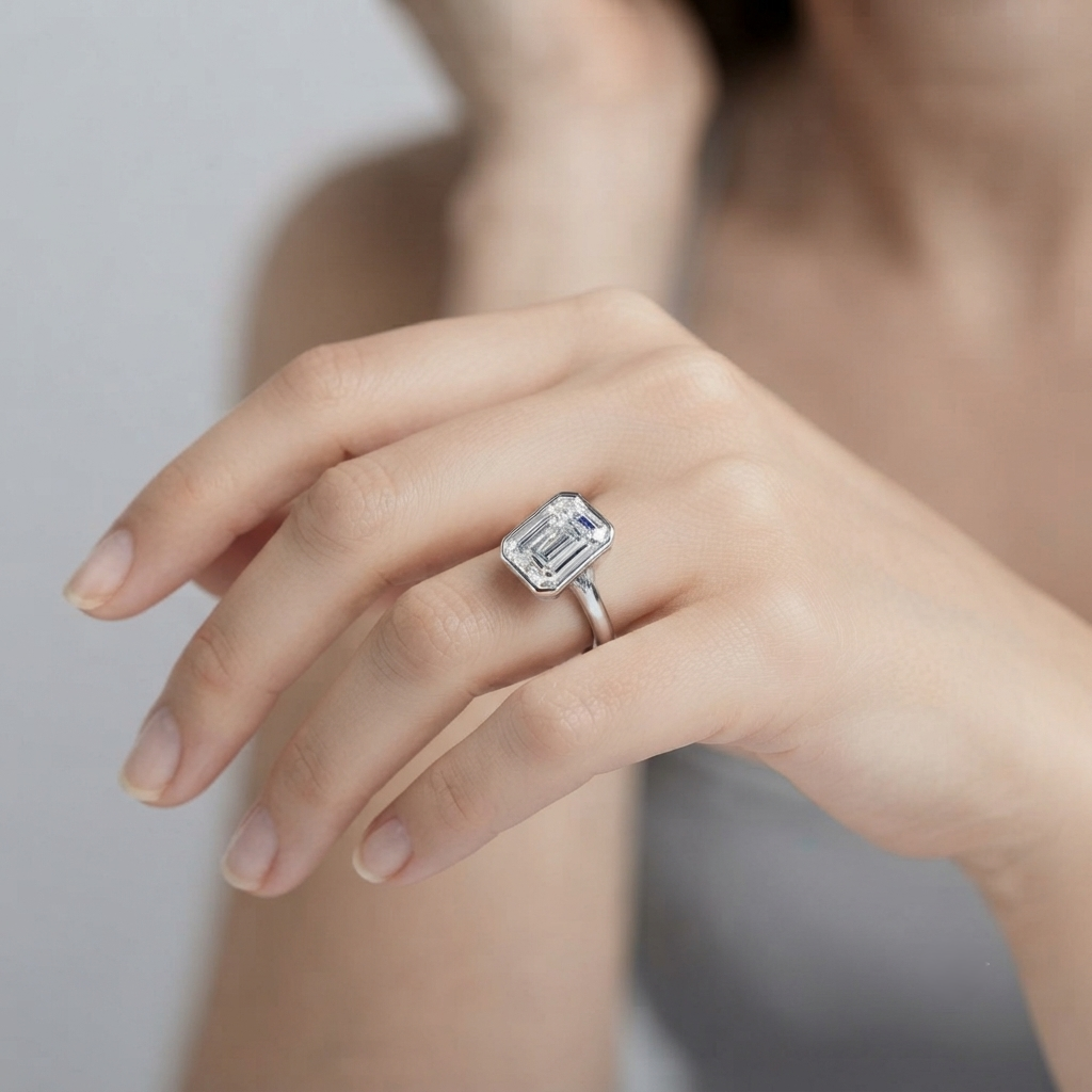IGI Certified Emerald Cut Lab Grown Diamond Bezel Engagement Ring Proposal Ring