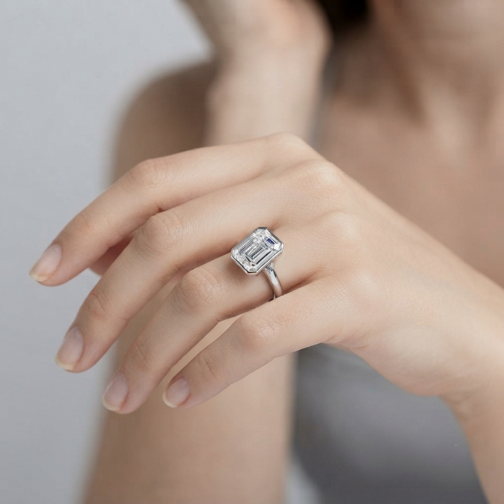 IGI Certified Emerald Cut Lab Grown Diamond Bezel Engagement Ring Proposal Ring