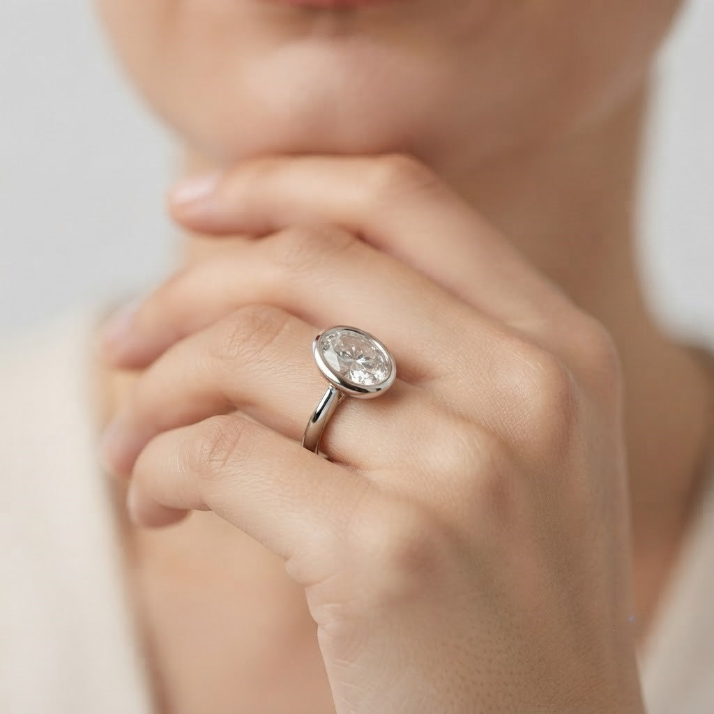 IGI Certified Lab Grown Oval Diamond Bezel Solitaire Engagement Ring Proposal Ring