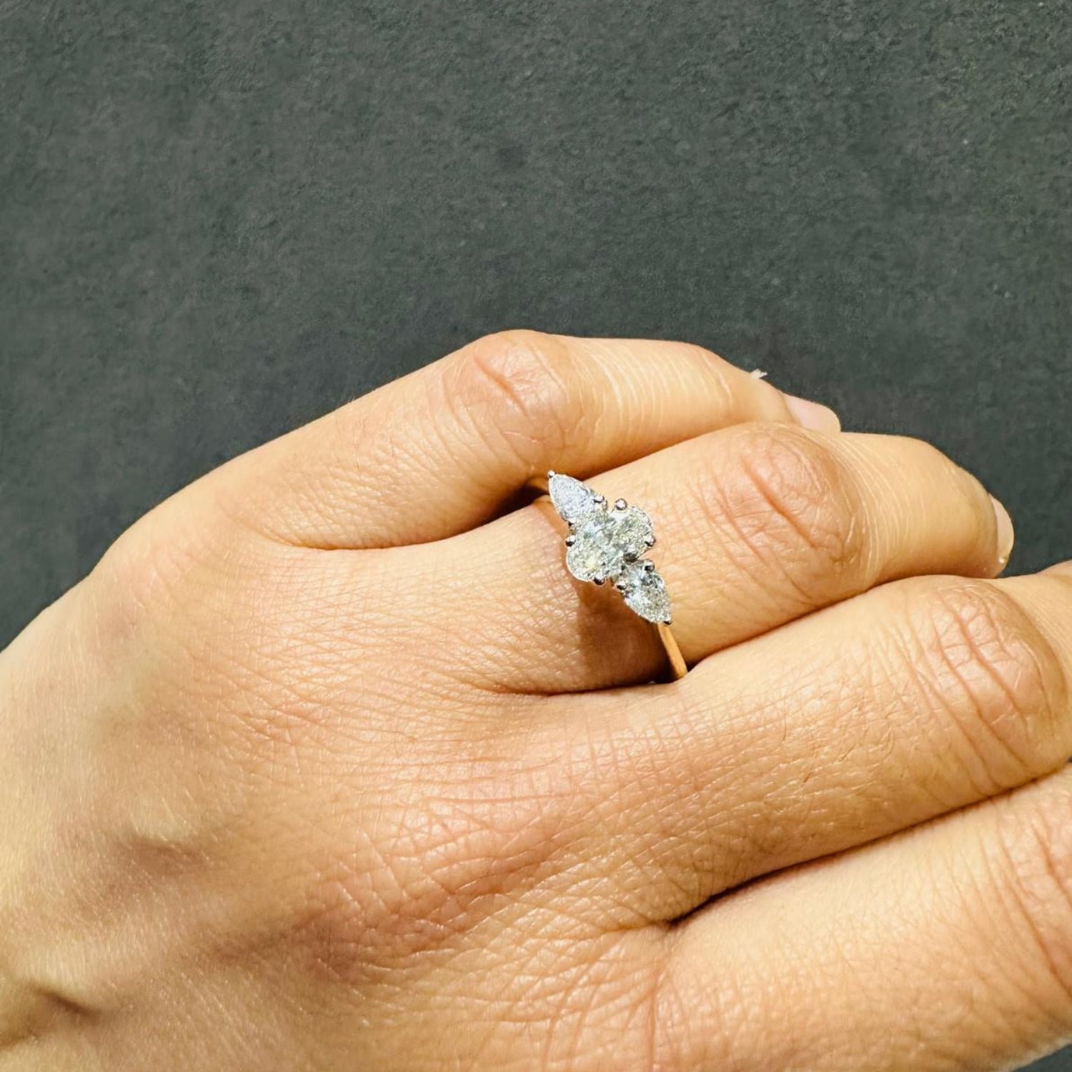 IGI Certified Oval Cut Lab Grown Diamond Three Stone Engagement Ring 18K Yellow Gold Pear Cut