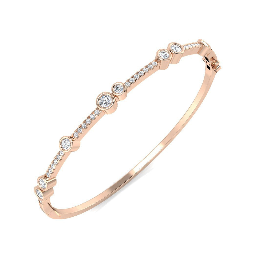 18K White Gold Round Cut Bezel & Pave Set Natural Diamond Bangle with Hinged and Box Clasp