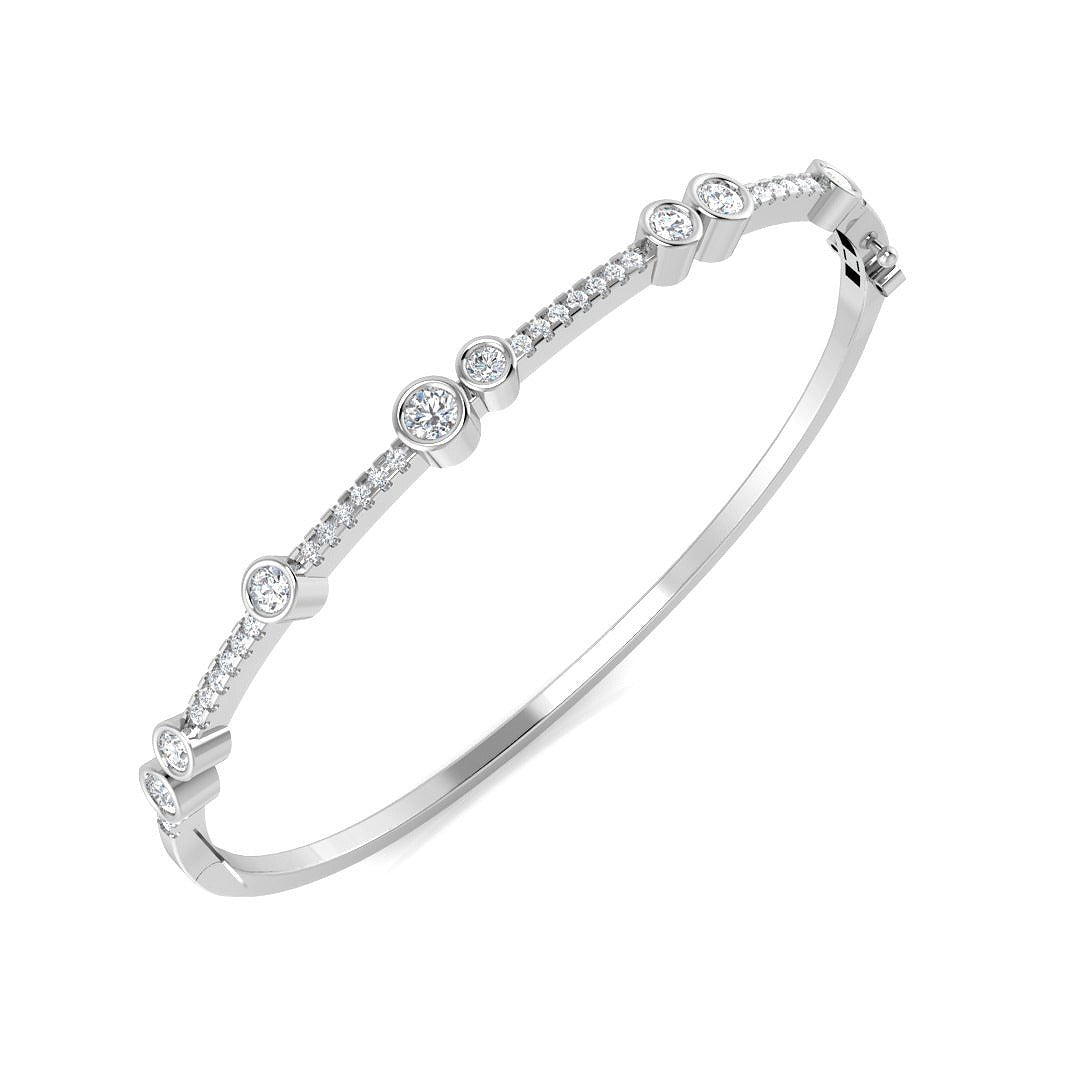 18K White Gold Round Cut Bezel & Pave Set Natural Diamond Bangle with Hinged and Box Clasp