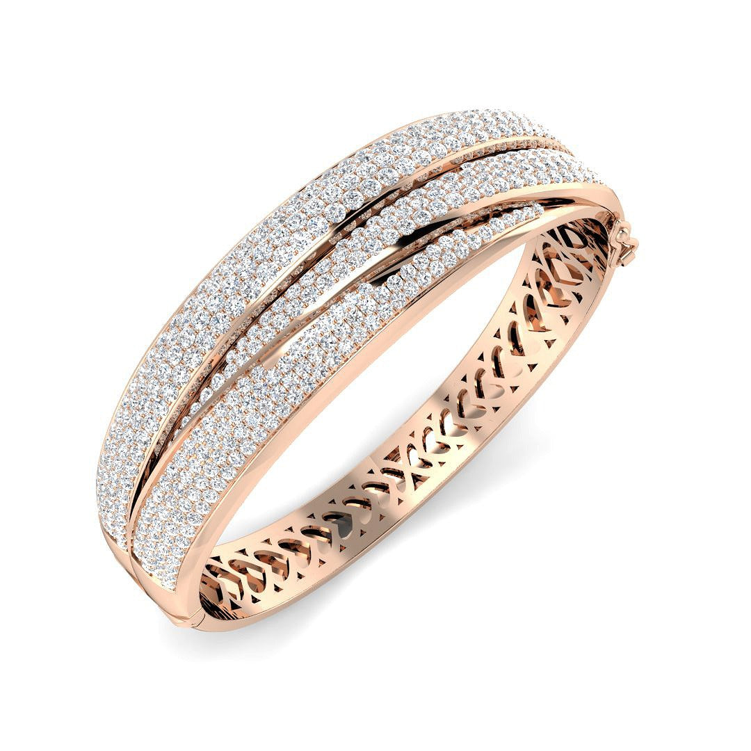18K White Gold Lab Grown Round Cut Diamond Pave Set Fancy Bangle with Hinged Box Lock