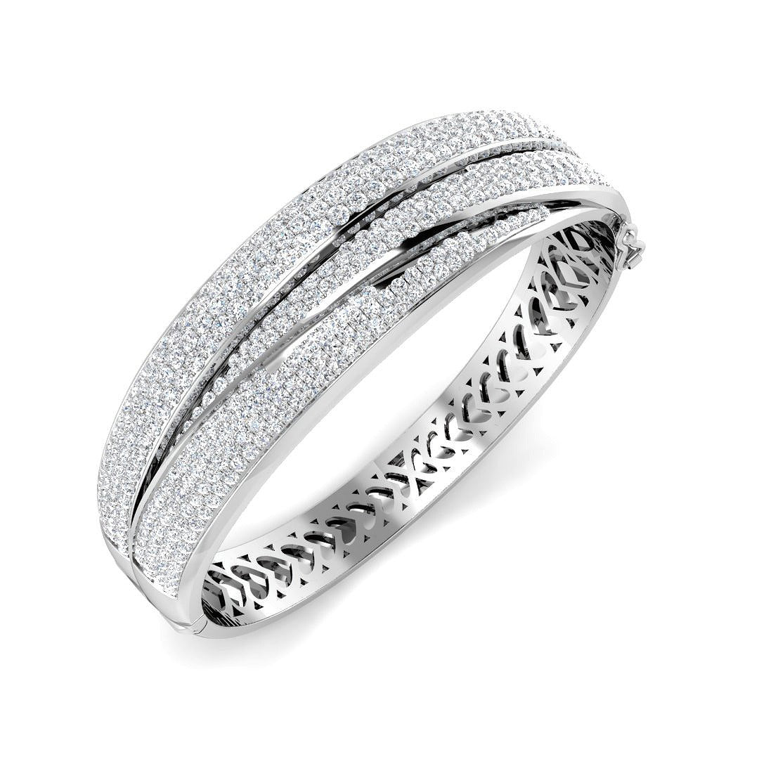 18K White Gold Lab Grown Round Cut Diamond Pave Set Fancy Bangle with Hinged Box Lock