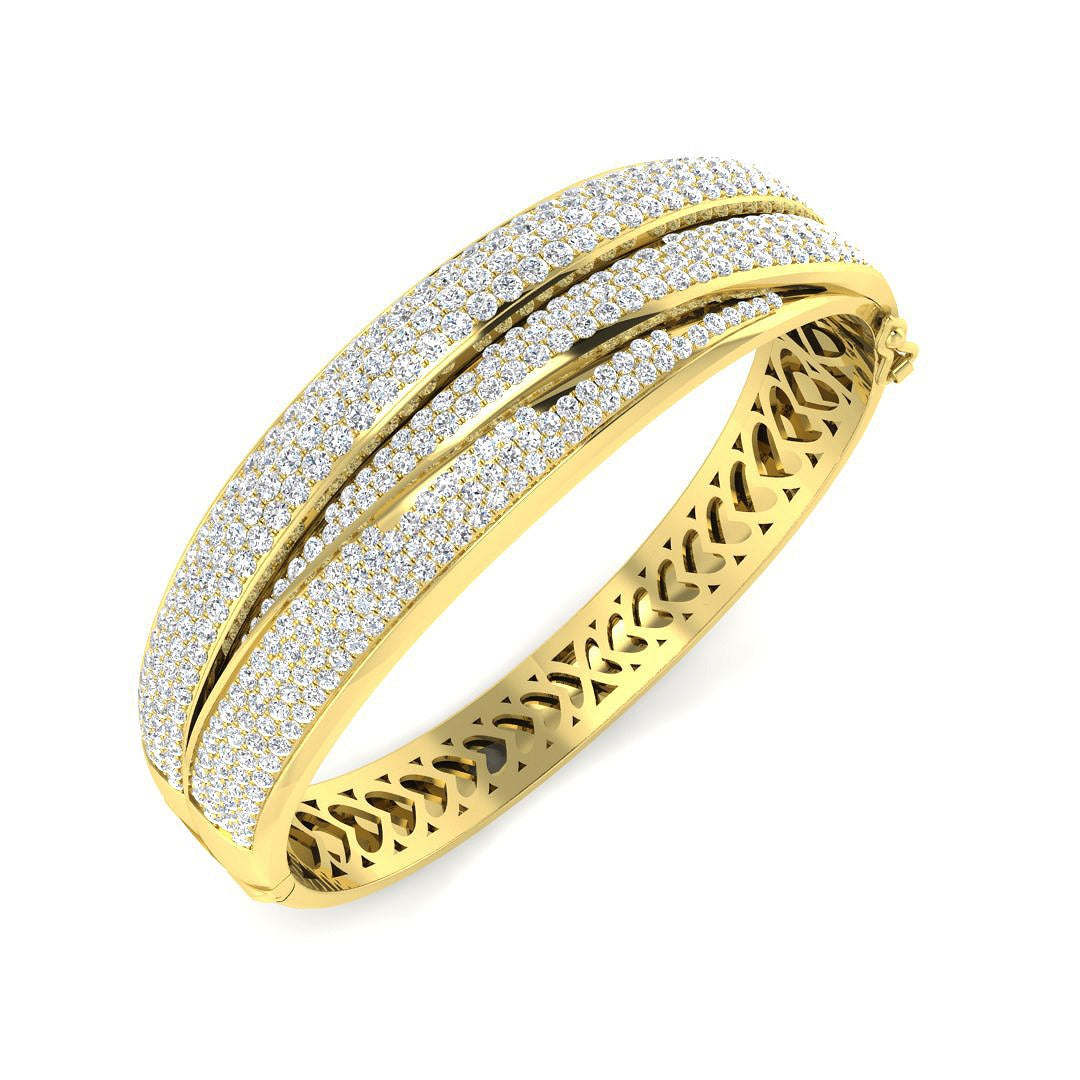 18K White Gold Lab Grown Round Cut Diamond Pave Set Fancy Bangle with Hinged Box Lock