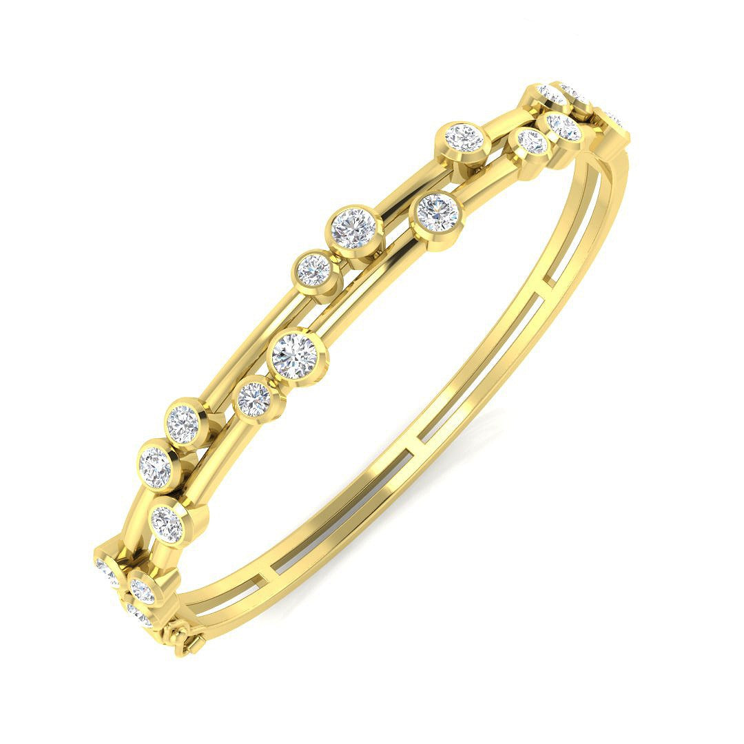 9K Yellow Gold Round Cut Lab Grown Diamond Bezel Set Bubble Hinged Bangle with Box Clasp