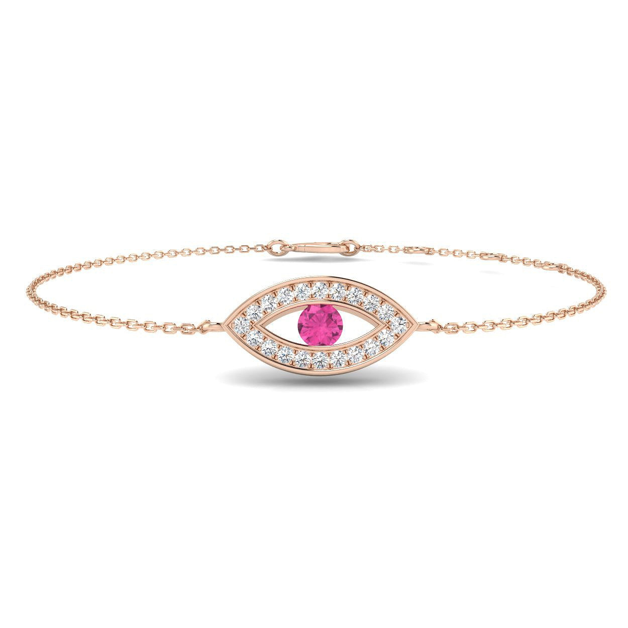 Natural Round Cut Pave Diamond & Pink Sapphire Evil Eye Bracelet in 18K White Gold