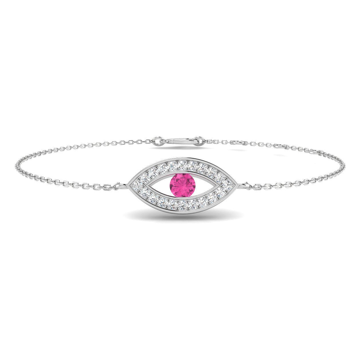 Natural Round Cut Pave Diamond & Pink Sapphire Evil Eye Bracelet in 18K White Gold
