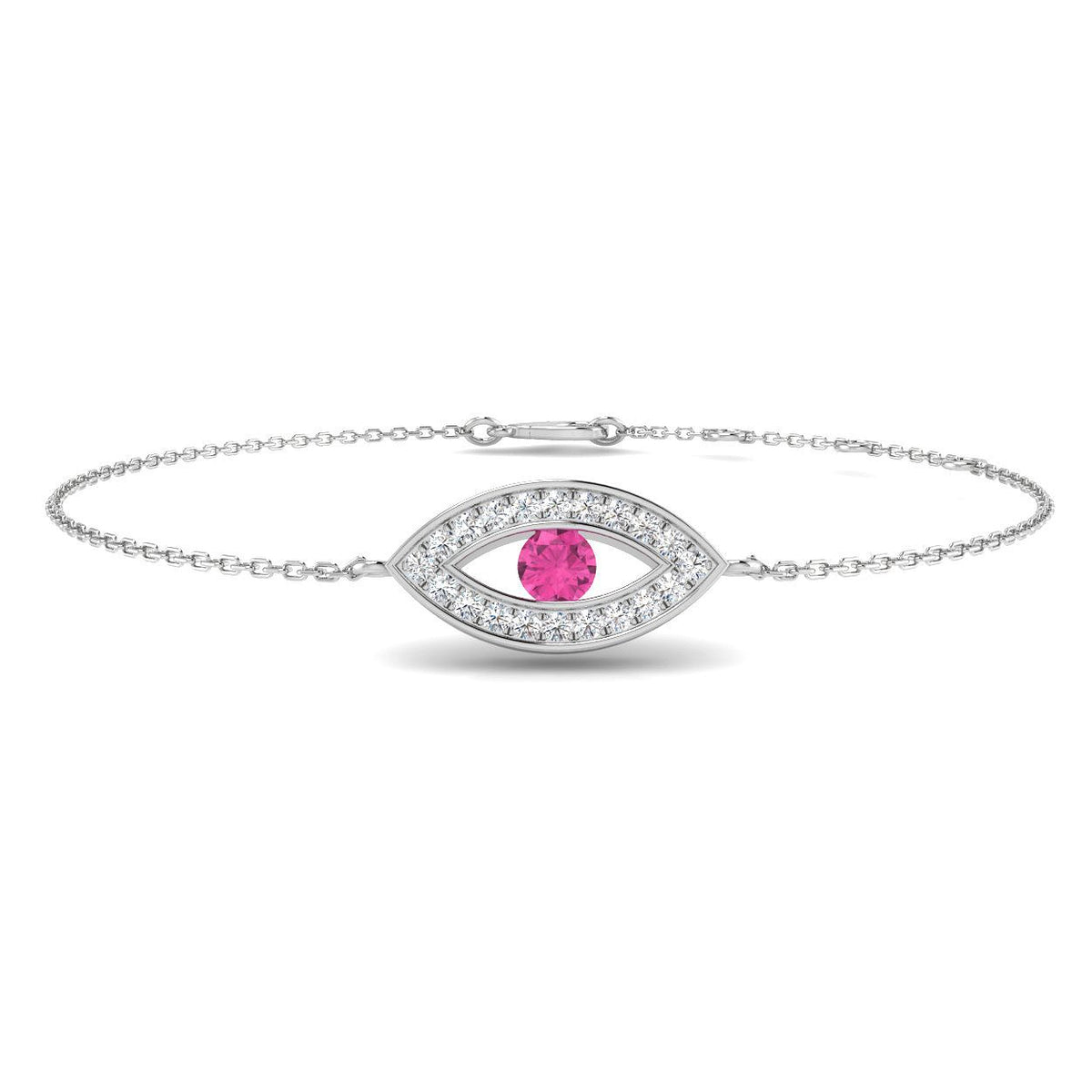 Natural Round Cut Pave Diamond & Pink Sapphire Evil Eye Bracelet in 18K White Gold
