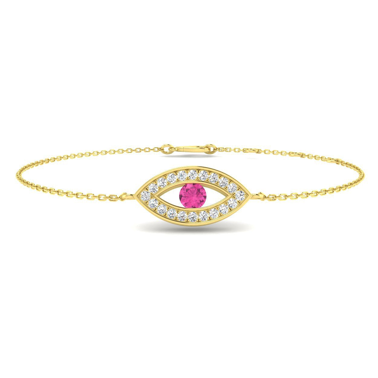 Natural Round Cut Pave Diamond & Pink Sapphire Evil Eye Bracelet in 18K White Gold