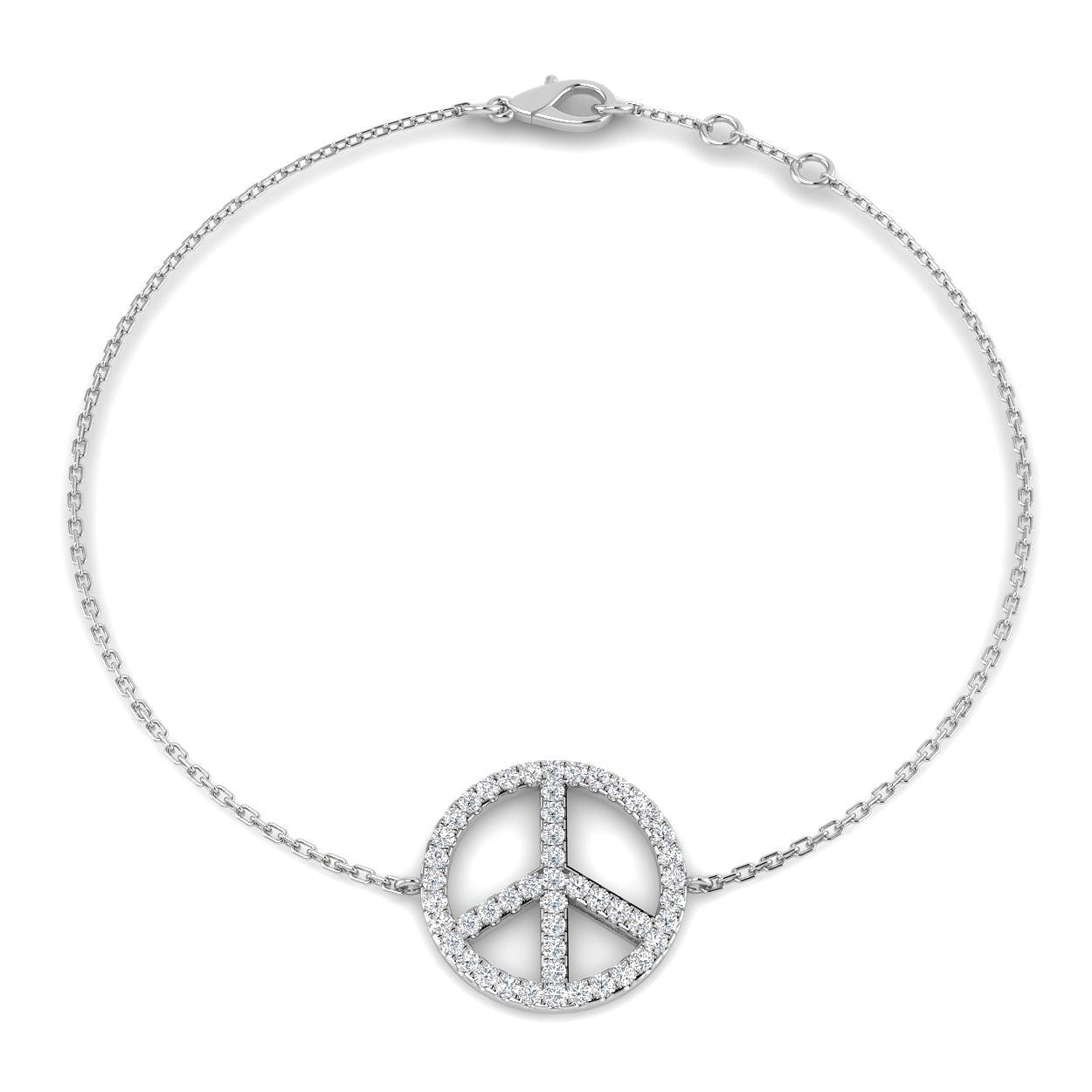 Round Lab Diamond Peace Charm in Gold, 18K Gold Peace Sign Chain Bracelet