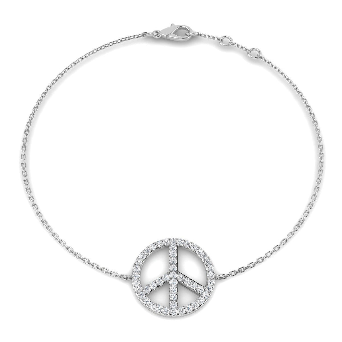 Round Lab Diamond Peace Charm in Gold, 18K Gold Peace Sign Chain Bracelet