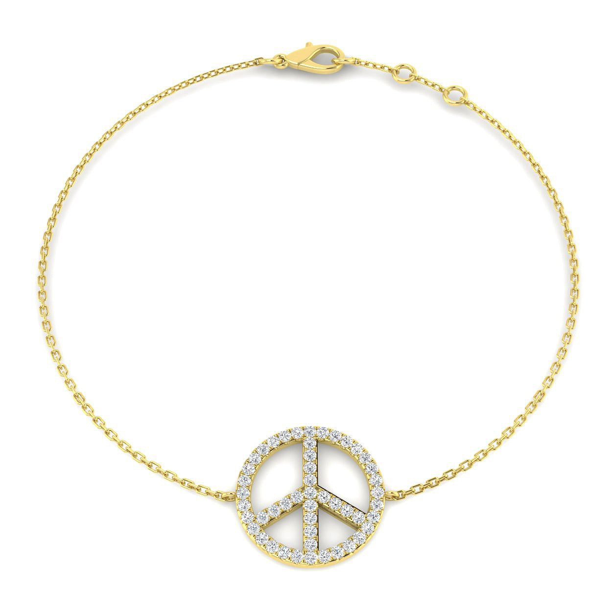 18K Yellow Gold Lab Grown Diamond Peace Sign Bracelet, Pave Peace Symbol Diamond Charm Bracelet
