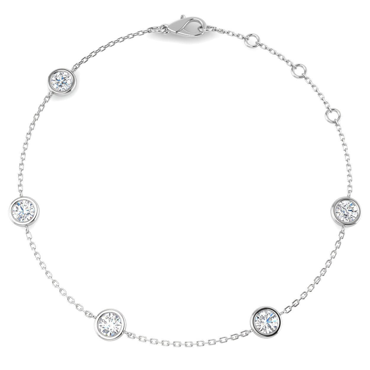Round Cut Bezel Set Lab Grown Diamond Station Bracelet in 18K White Gold with Lobster Claw