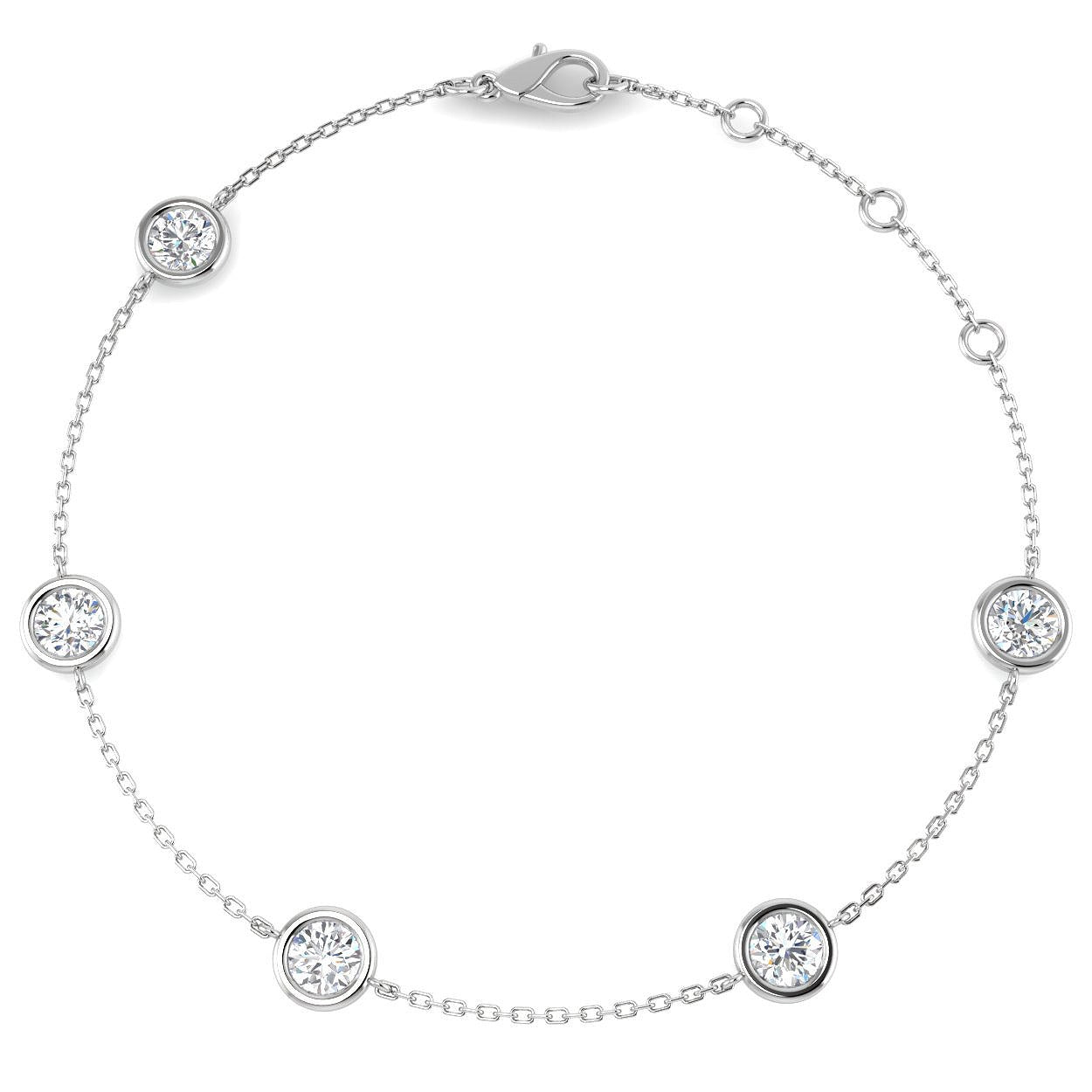 Round Cut Bezel Set Lab Grown Diamond Station Bracelet in 18K White Gold with Lobster Claw