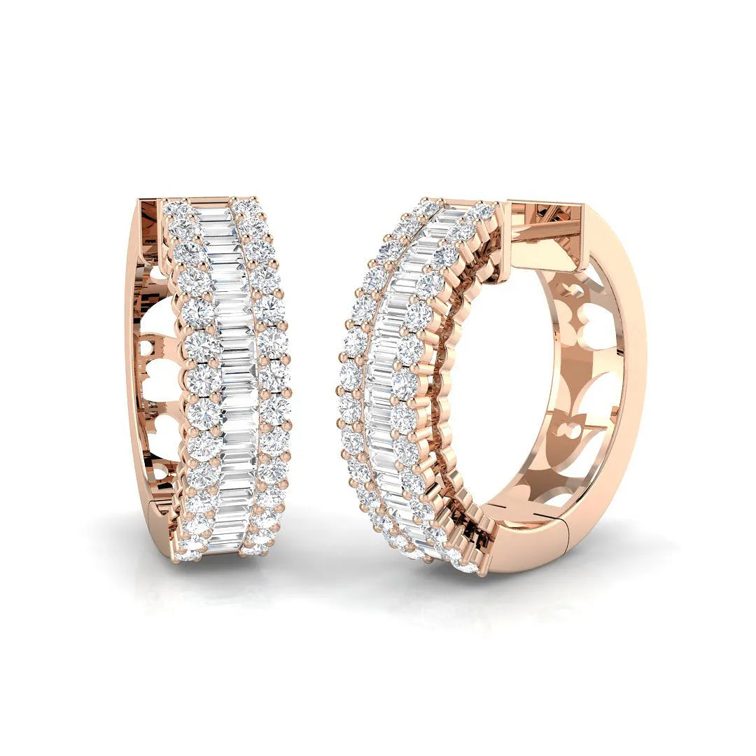 Round & Baguette Diamond Hoop Earrings | Natural & Lab-Grown, 1.50–2.30 Ct, Gold & Platinum