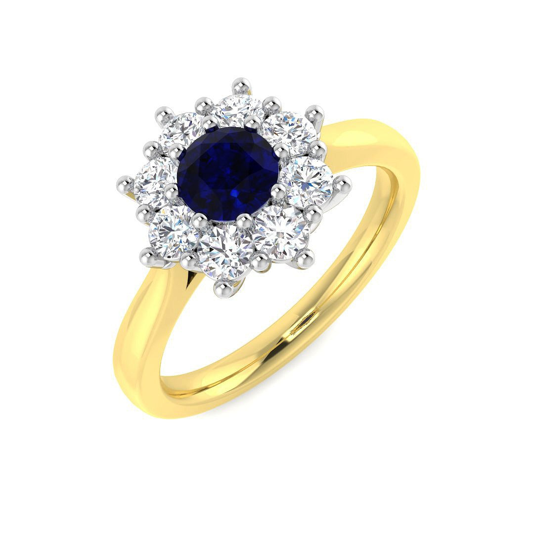 blue sapphire halo cluster ring with diamonds