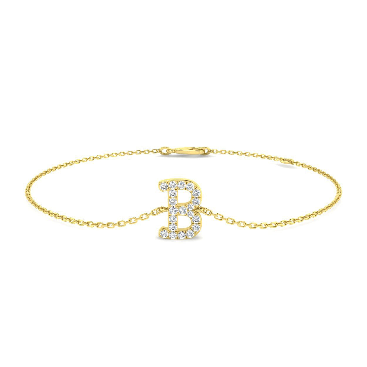 Lab Diamond Initial B Bracelet, 9K White Gold Letter Bracelet, Round Cut Diamond Initial