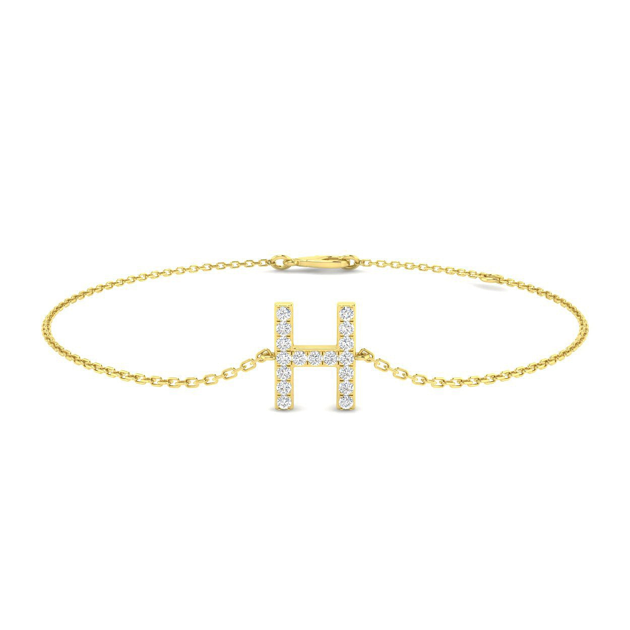 Lab Diamond Initial H Bracelet, 9K White Gold Letter Bracelet, Round Cut Diamond Initial