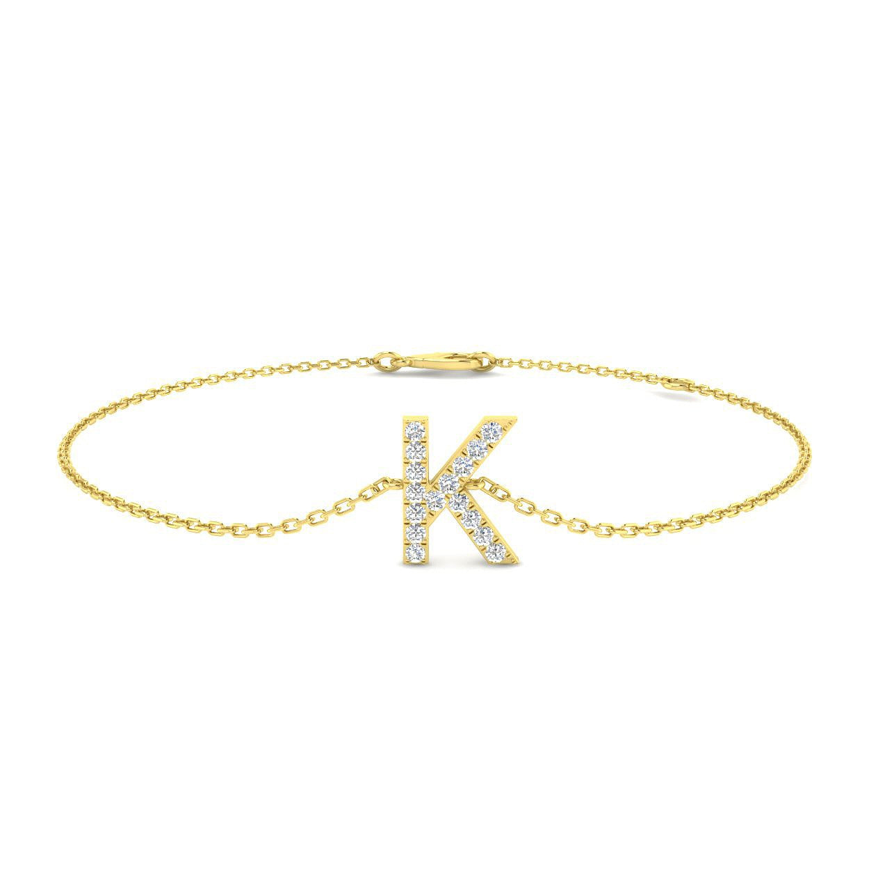 Lab Grown Diamond Initial K Bracelet in 9K Yellow Gold, Diamond Letter K Chain Bracelet with Lobster Clasp, 9K Yellow Gold Initial K Diamond Bracelet