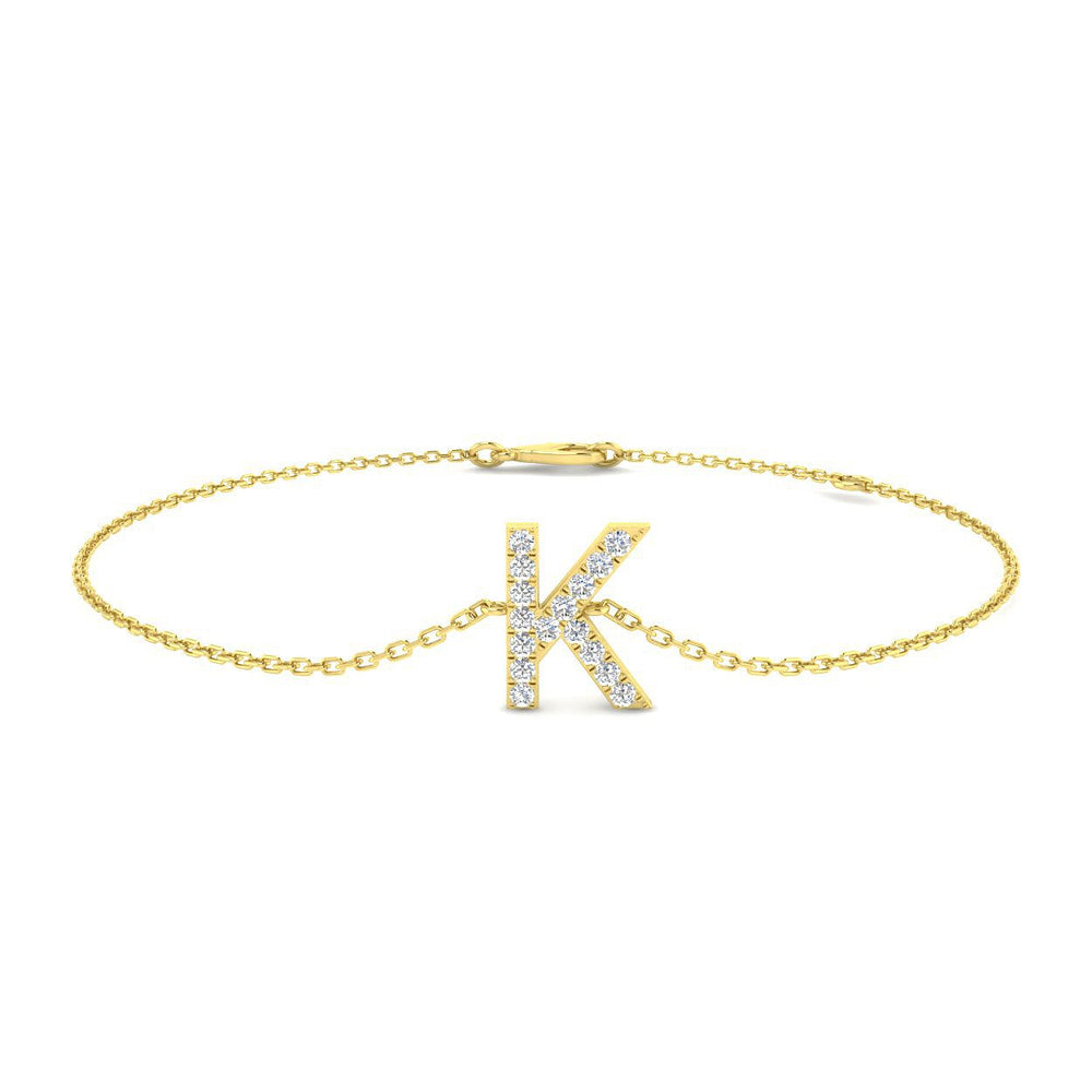 Lab Grown Diamond Initial K Bracelet in 9K Yellow Gold, Diamond Letter K Chain Bracelet with Lobster Clasp, 9K Yellow Gold Initial K Diamond Bracelet
