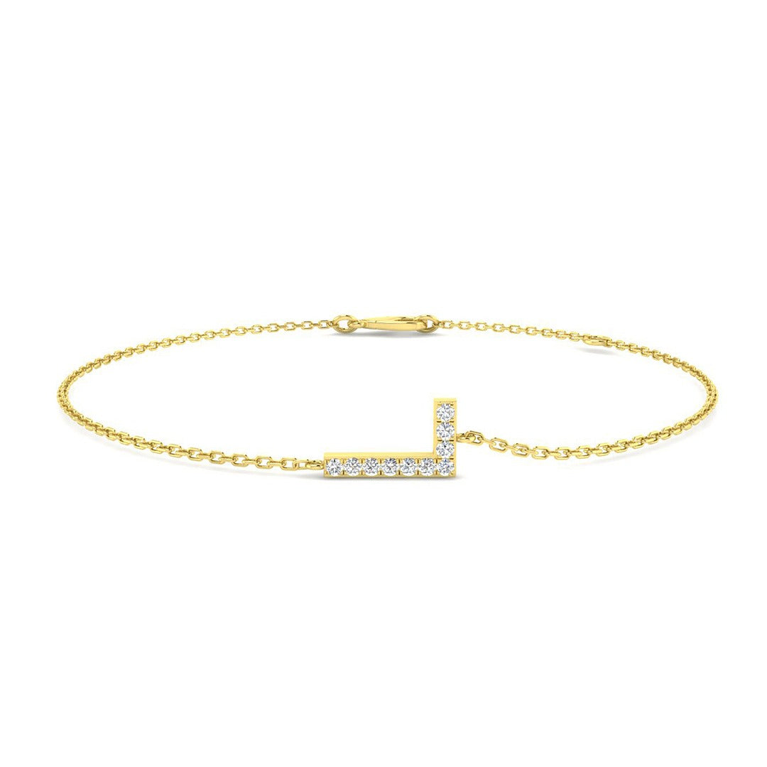 Close Up Pavé Diamond Initial L Jewellery, Lobster Claw Clasp Gold Diamond Bracelet, Womens 18K Gold Diamond Letter Bracelet