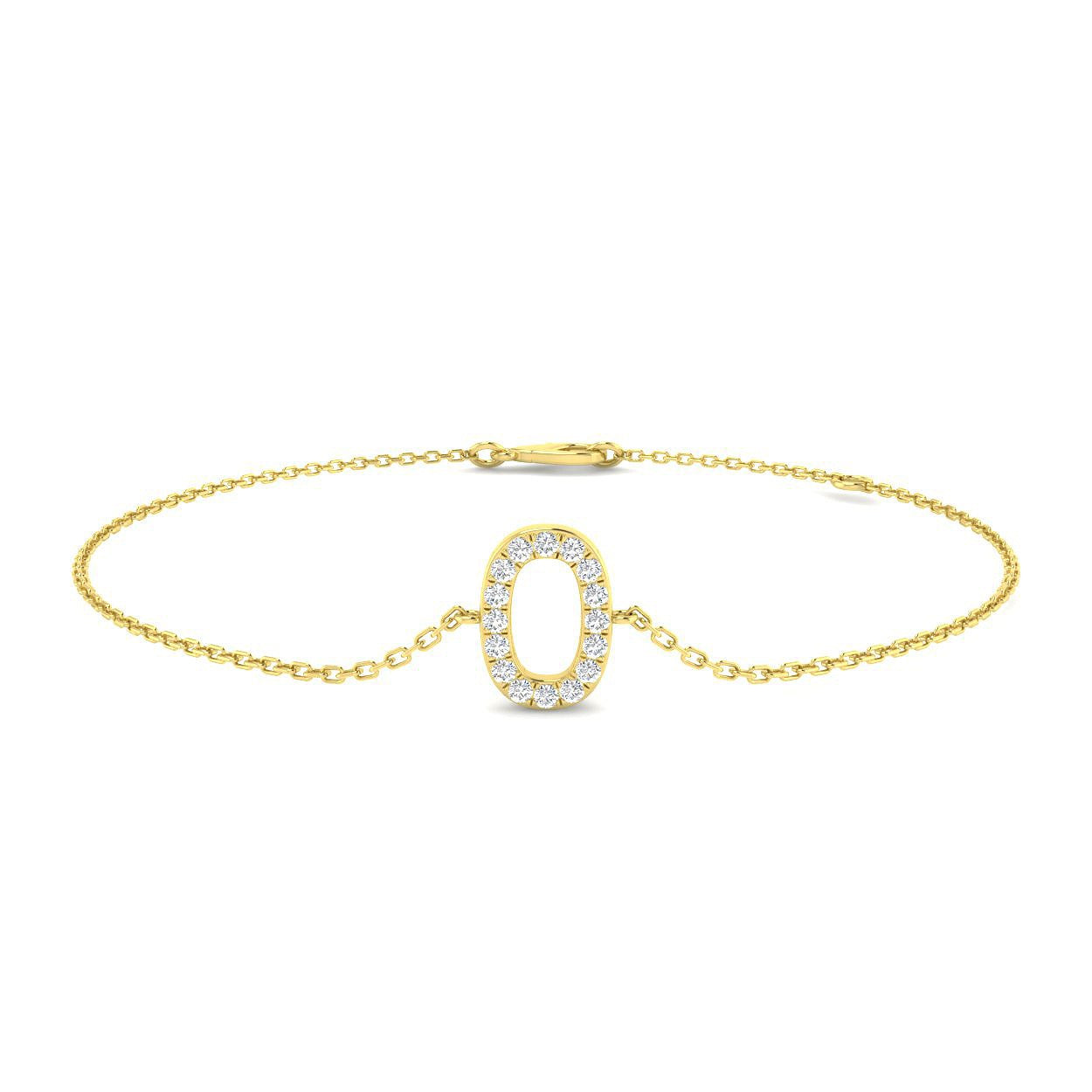 Lab Created Round Diamond Initial O Bracelet in 18K Yellow Gold, Pavé Set Diamond Letter O Chain Bracelet, 18K Yellow Gold Initial O Lab Diamond Bracelet, Close Up Pavé Diamond Initial O Jewellery