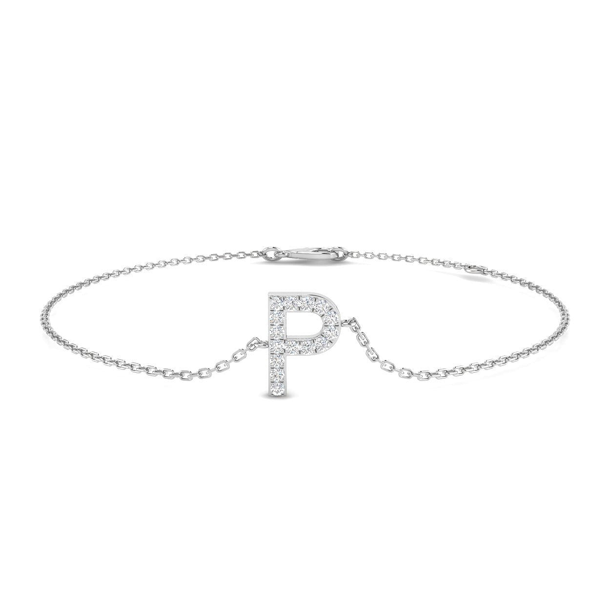 Natural Round Cut Diamond Initial P Bracelet in 9K Yellow Gold, Diamond Alphabet P Chain Bracelet with Lobster Clasp, 9K Yellow Gold Initial P Diamond Bracelet