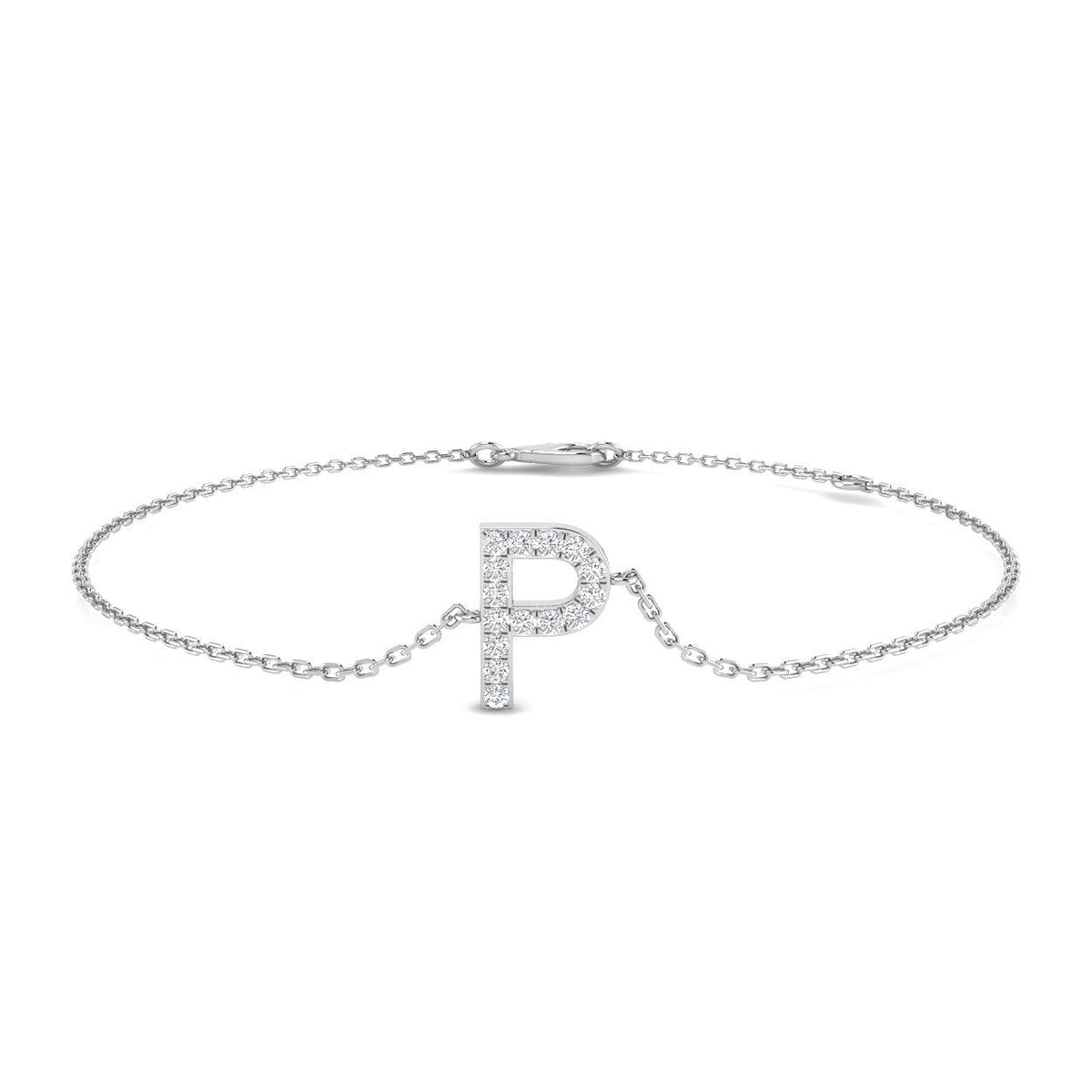 Natural Round Cut Diamond Initial P Bracelet in 9K Yellow Gold, Diamond Alphabet P Chain Bracelet with Lobster Clasp, 9K Yellow Gold Initial P Diamond Bracelet
