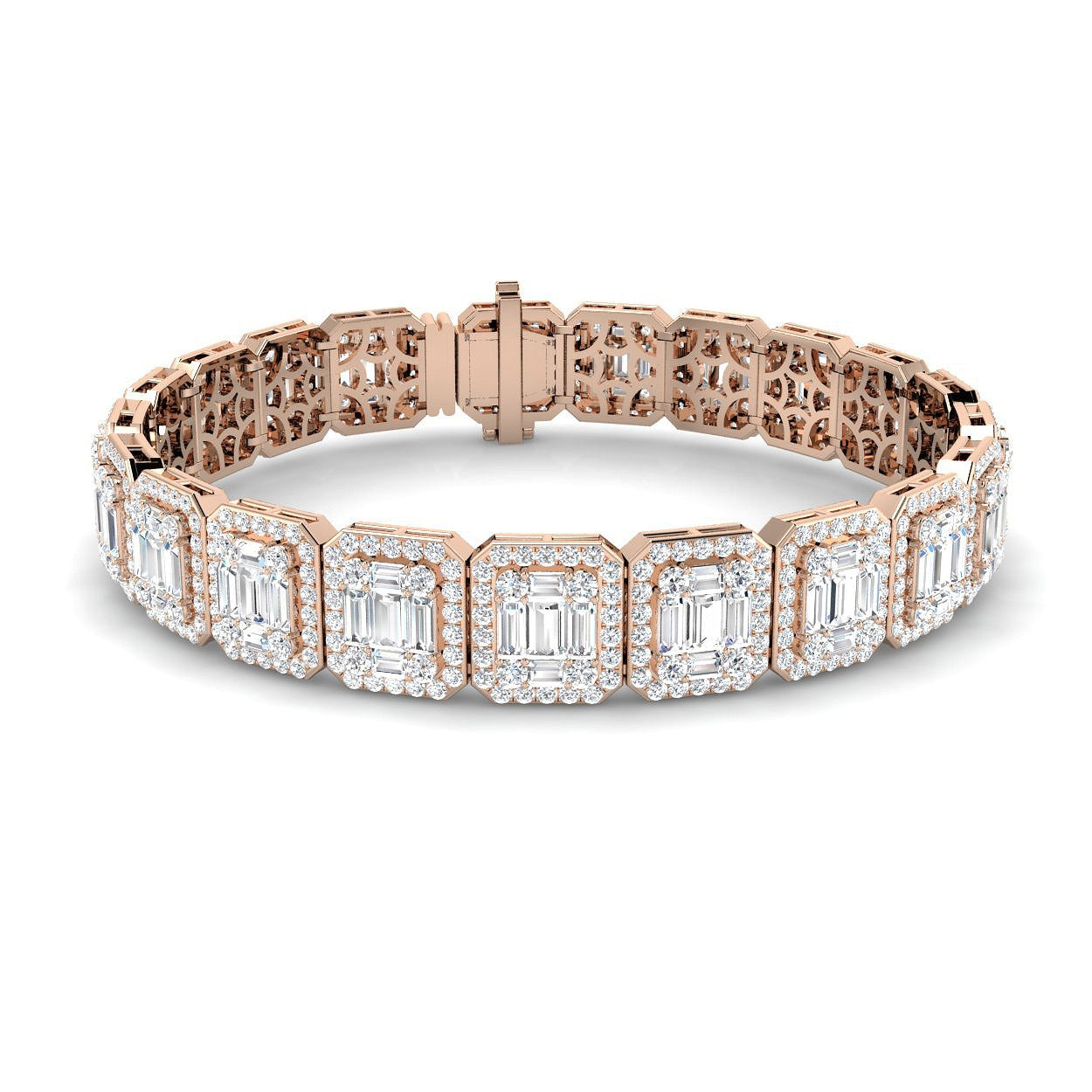 Emerald Style Baguette & Round Cut Natural Diamond Bracelet in Gold & Platinum | Pave Set