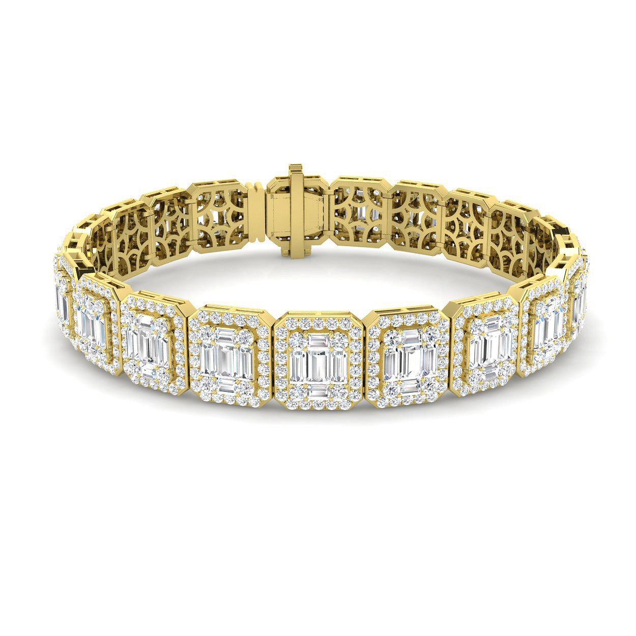 Emerald Style Baguette & Round Cut Natural Diamond Bracelet in Gold & Platinum | Pave Set