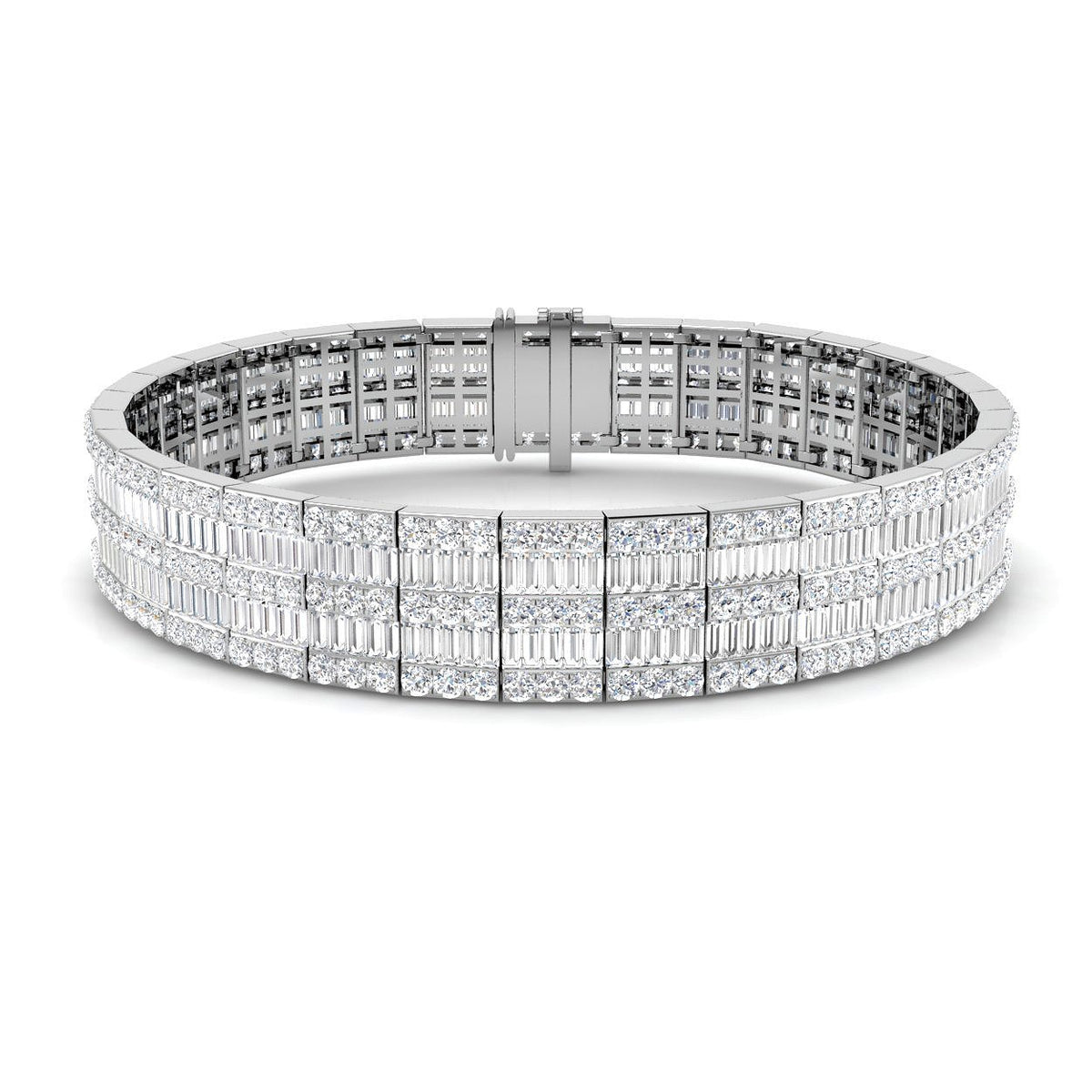 Natural Diamond Multi-Row Baguette & Round Diamond Tennis Bracelet in 18K White Gold