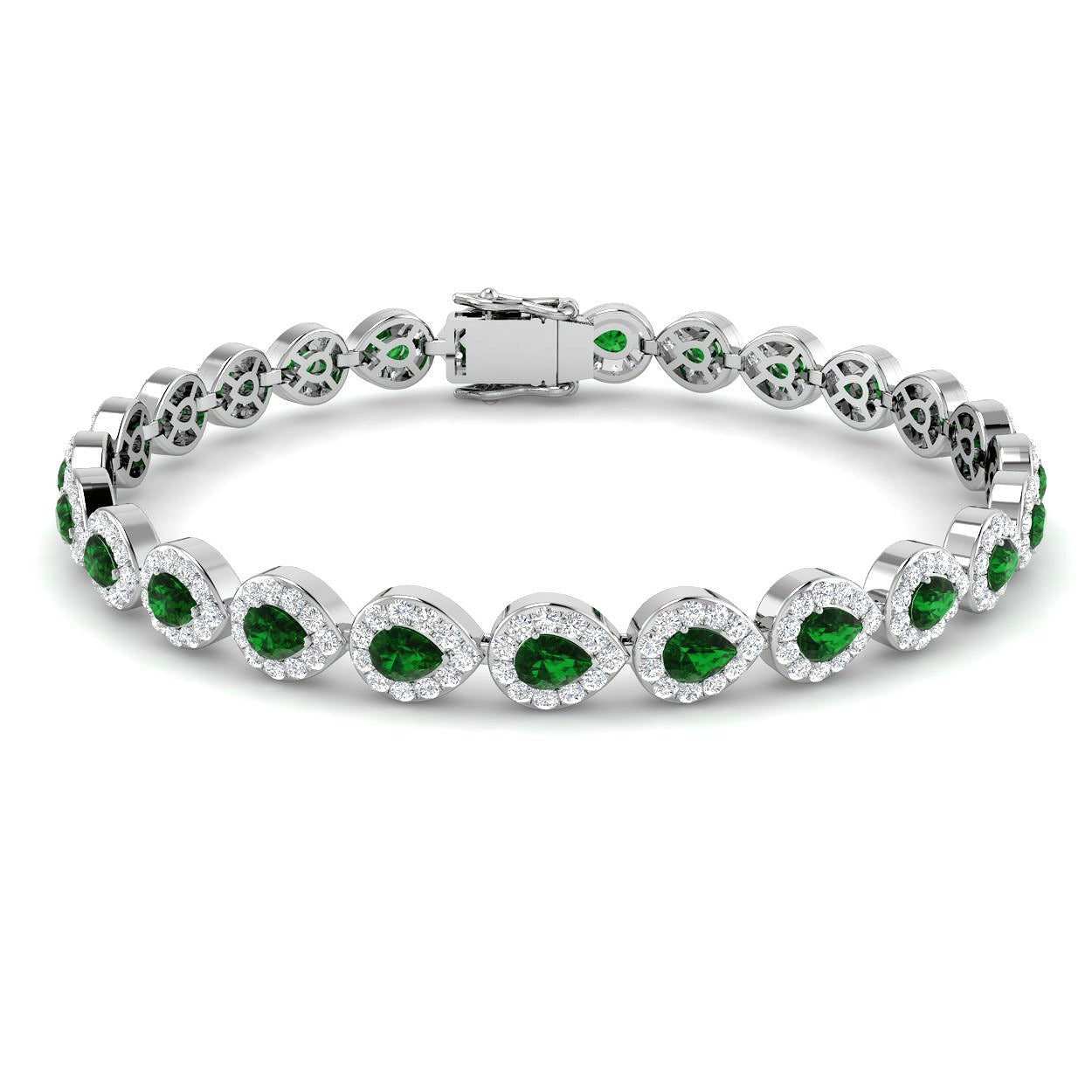 18K White Gold Pear Cut Emerald Gemstone and Round Diamond Tennis Bracelet