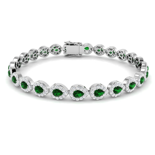 18K White Gold Pear Cut Emerald Gemstone and Round Diamond Tennis Bracelet