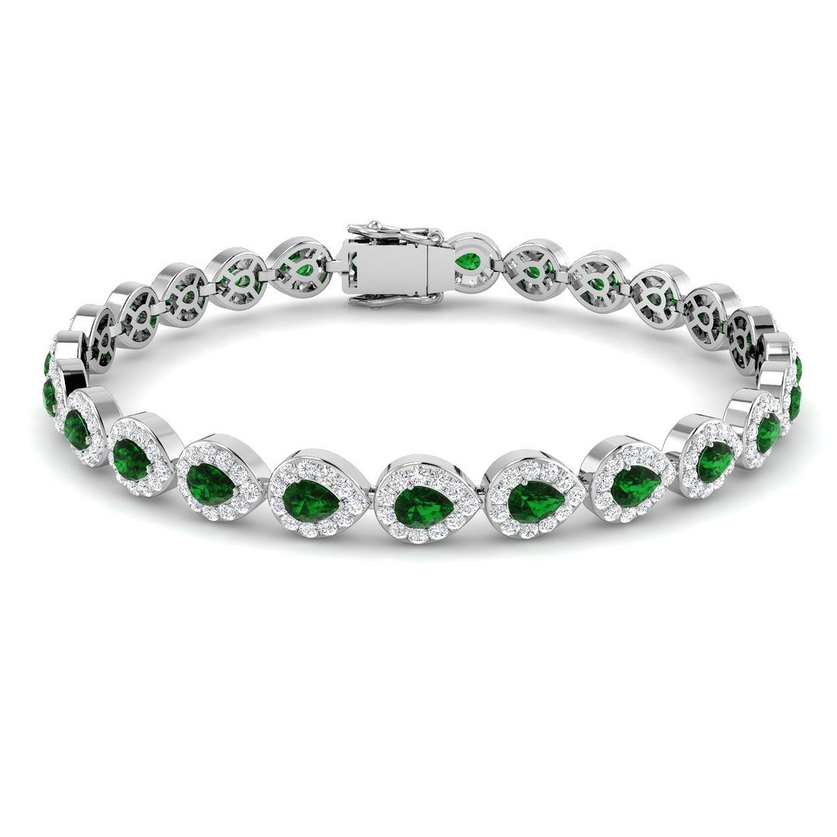 18K White Gold Pear Cut Emerald Gemstone and Round Diamond Tennis Bracelet