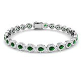 18K White Gold Pear Cut Emerald Gemstone and Round Diamond Tennis Bracelet