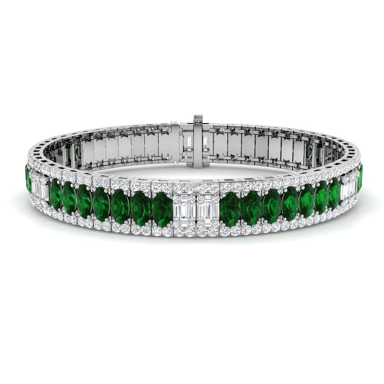 18K White Gold Oval Cut Emerald Birthstone & Natural Diamond Prong Set Tennis Bracelet