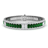 18K White Gold Oval Cut Emerald Birthstone & Natural Diamond Prong Set Tennis Bracelet