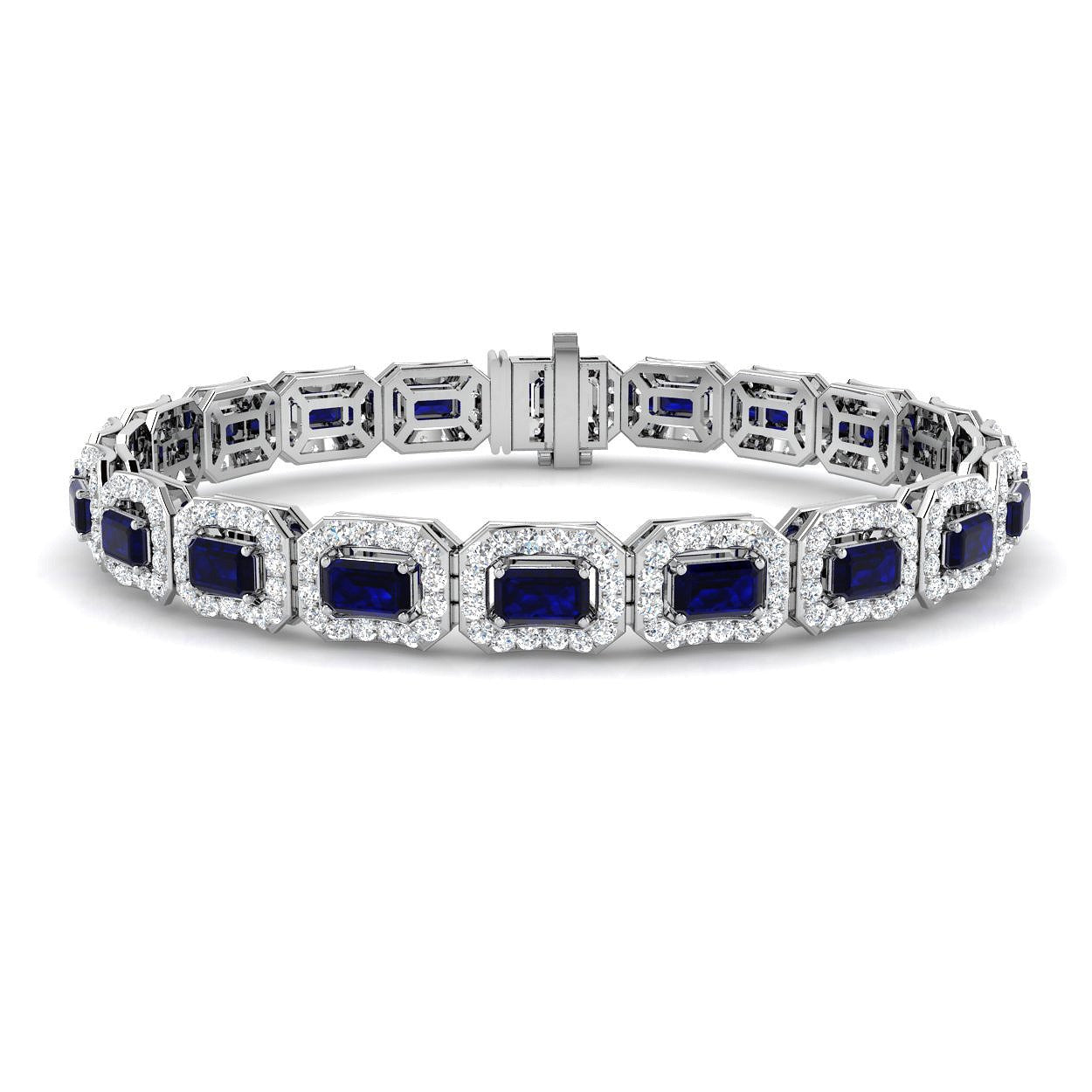 Emerald Cut Blue Sapphire Gemstone with Natural Diamond Tennis Bracelet in 9K & 18K Solid Gold