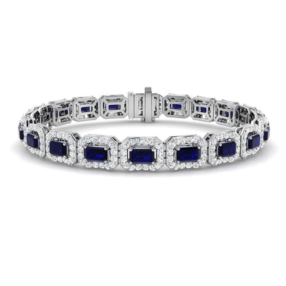 Emerald Cut Blue Sapphire Gemstone with Natural Diamond Tennis Bracelet in 9K & 18K Solid Gold