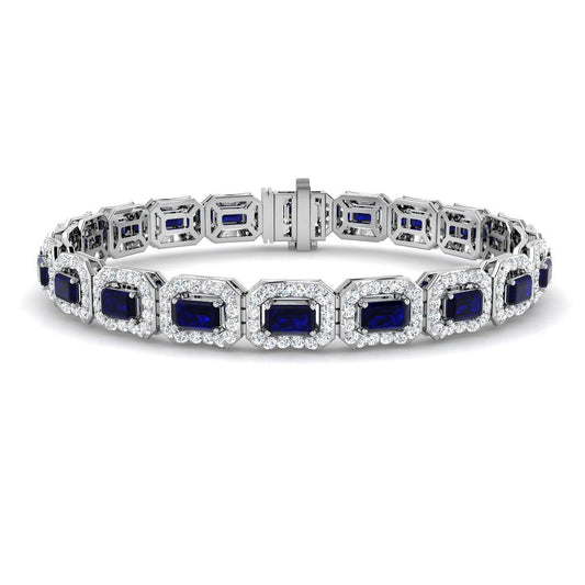 Emerald Cut Blue Sapphire Gemstone with Natural Diamond Tennis Bracelet in 9K & 18K Solid Gold