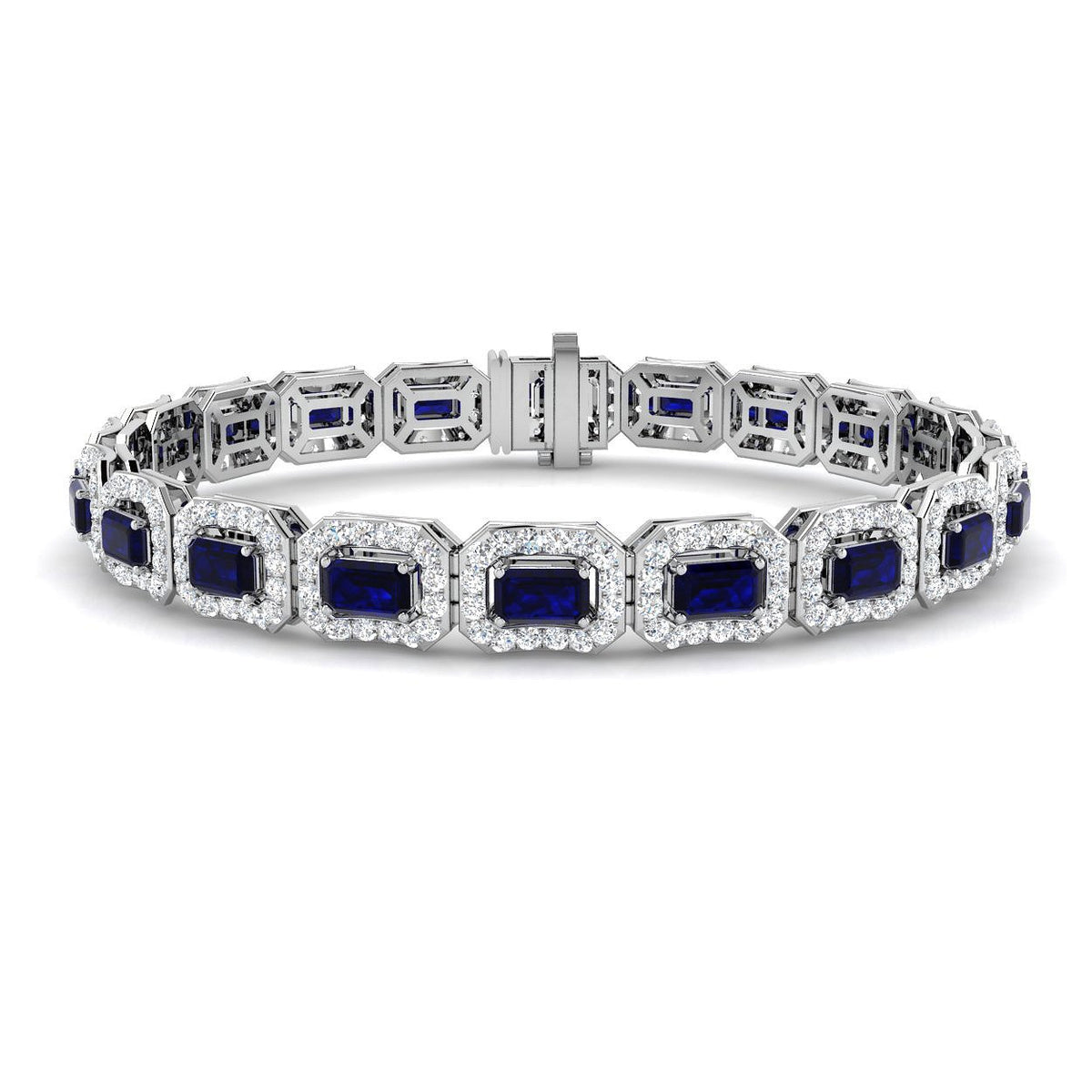 Emerald Cut Blue Sapphire Gemstone with Natural Diamond Tennis Bracelet in 9K & 18K Solid Gold