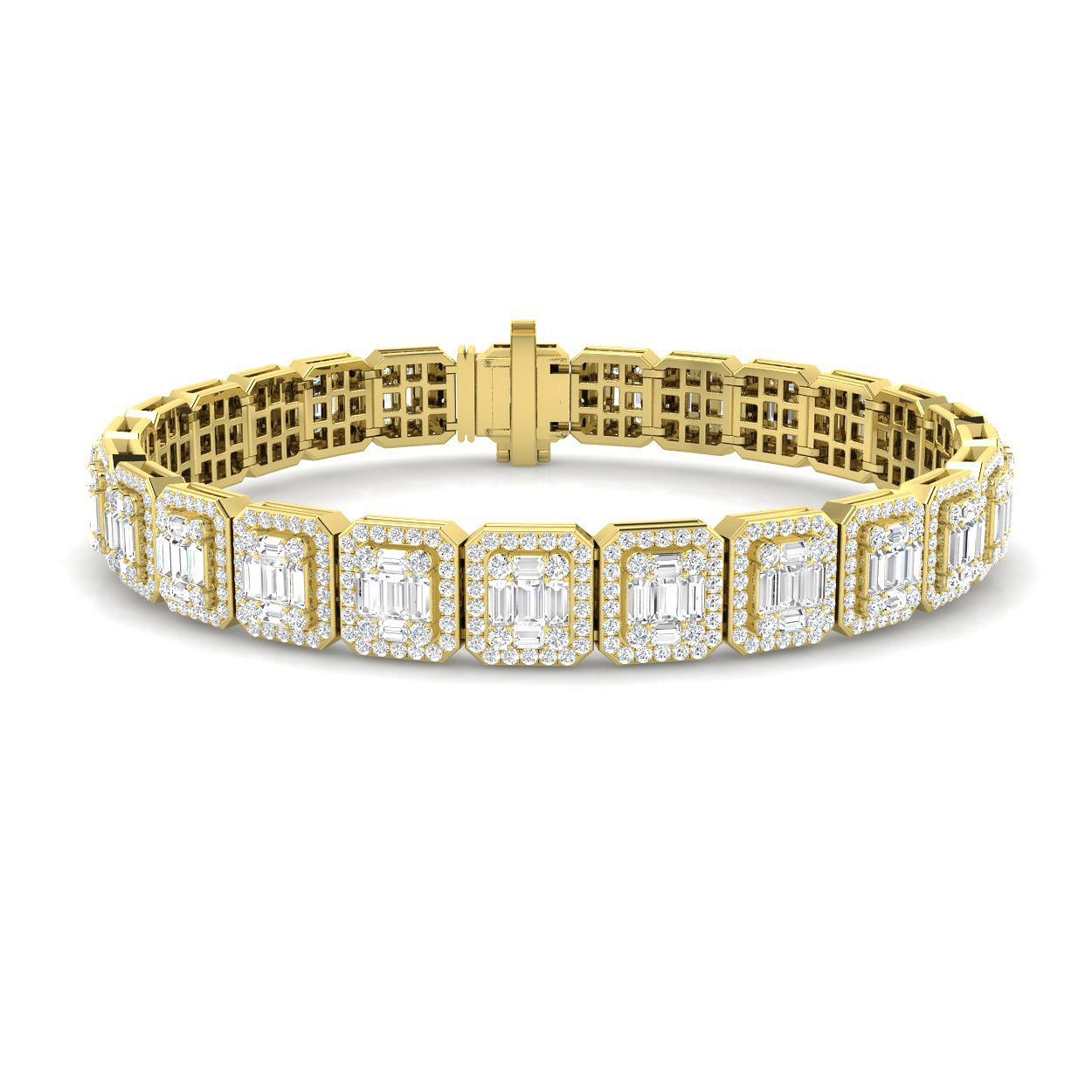 Emerald Style Baguette & Round Cut Natural Diamond Bracelet in Gold & Platinum | Pave Set