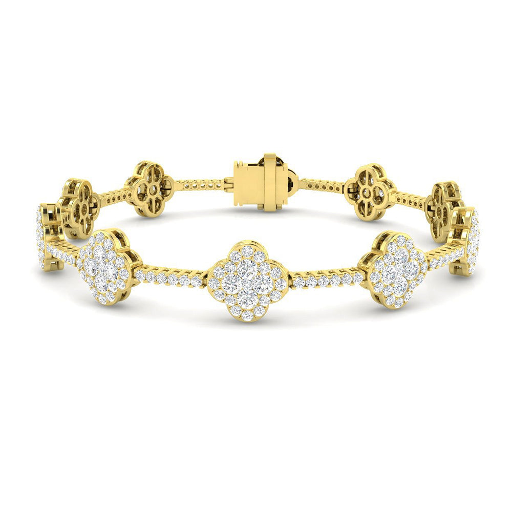 3.95Ct Diamond Clover Tennis Bracelet, Round Diamond Floral Link Bracelet, Gold Clover Diamond Bracelet