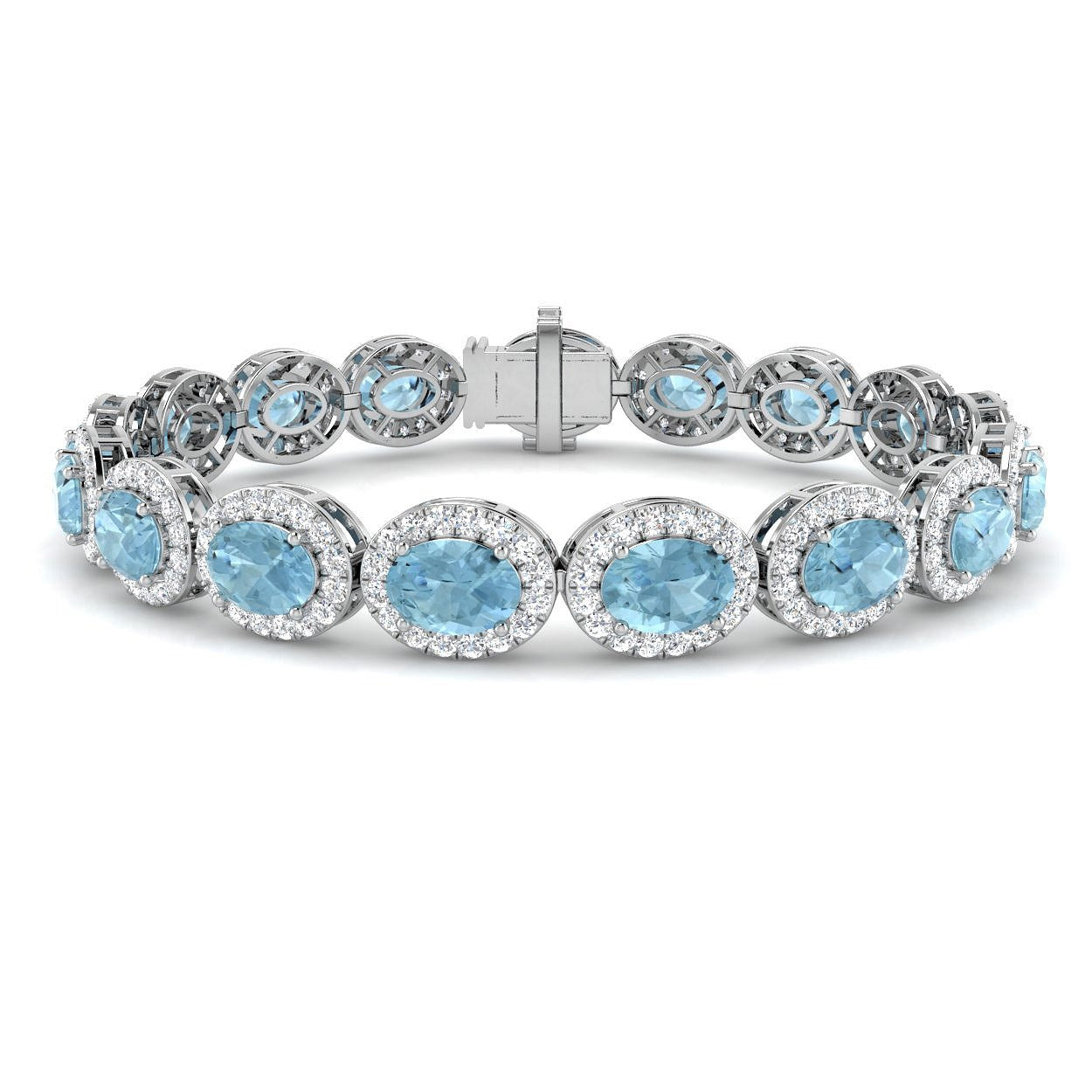 Oval Aquamarine and Natural Round Diamond Halo Tennis Bracelet in 18K White Gold