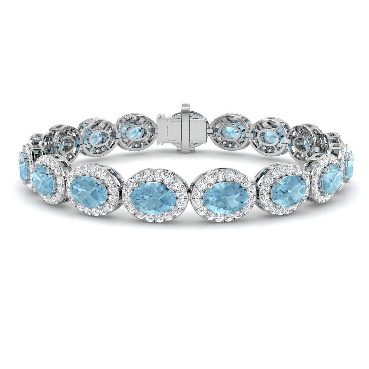Oval Aquamarine and Natural Round Diamond Halo Tennis Bracelet in 18K White Gold