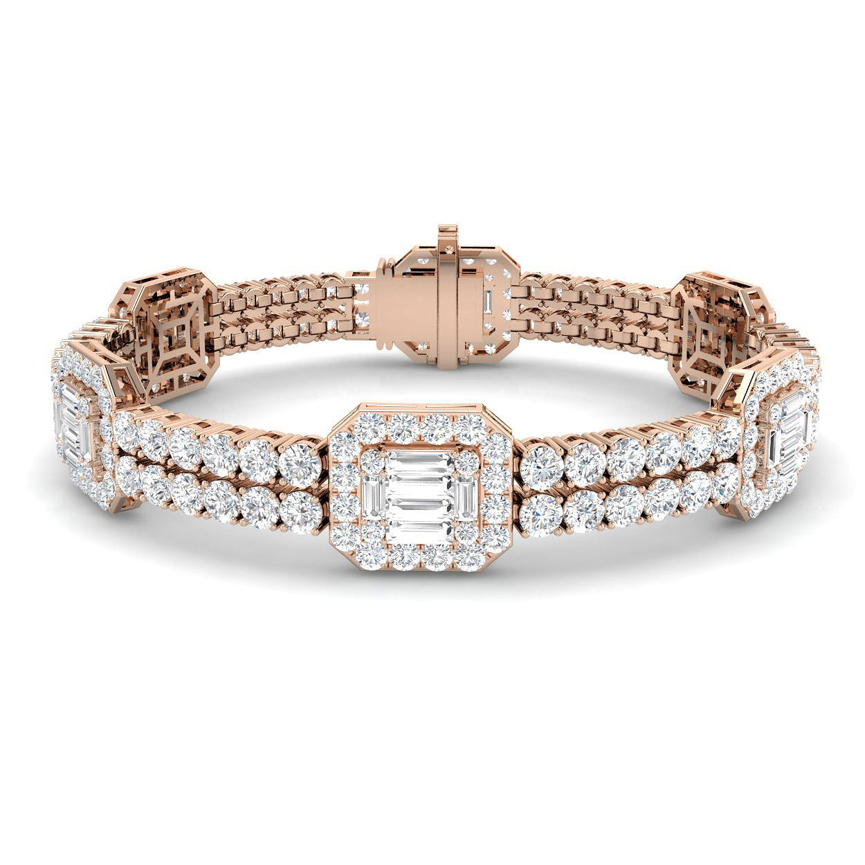 Luxury Round & Baguette Natural Diamond Bracelet in Platinum | Pave Set Emerald Style