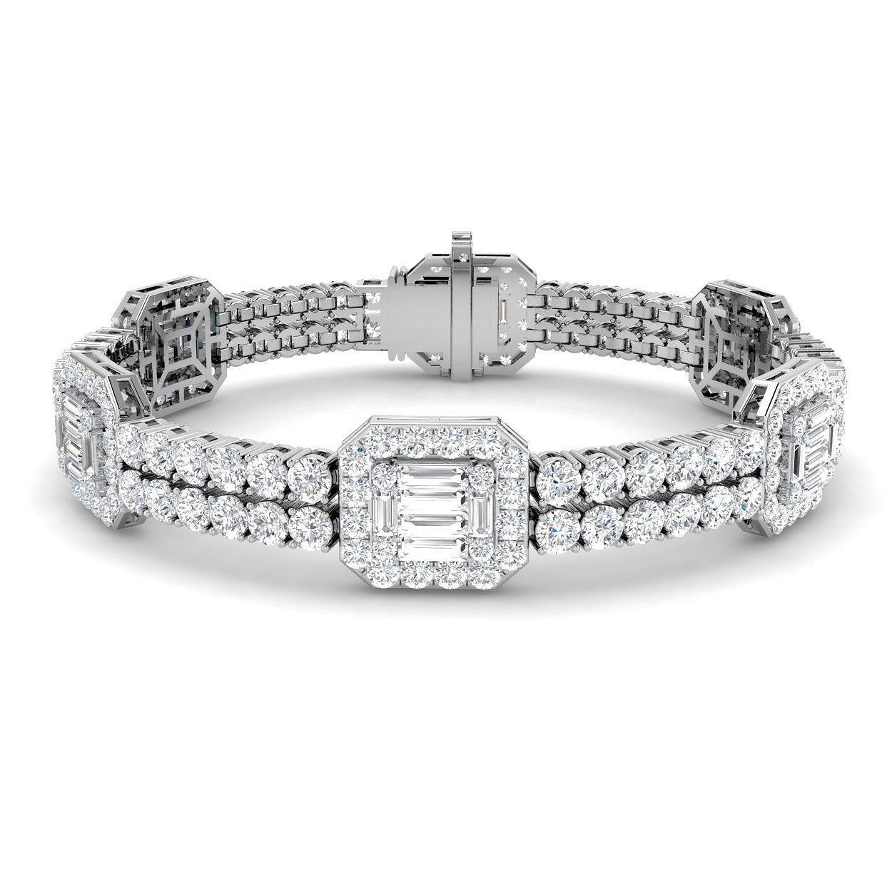 Luxury Round & Baguette Natural Diamond Bracelet in Platinum | Pave Set Emerald Style