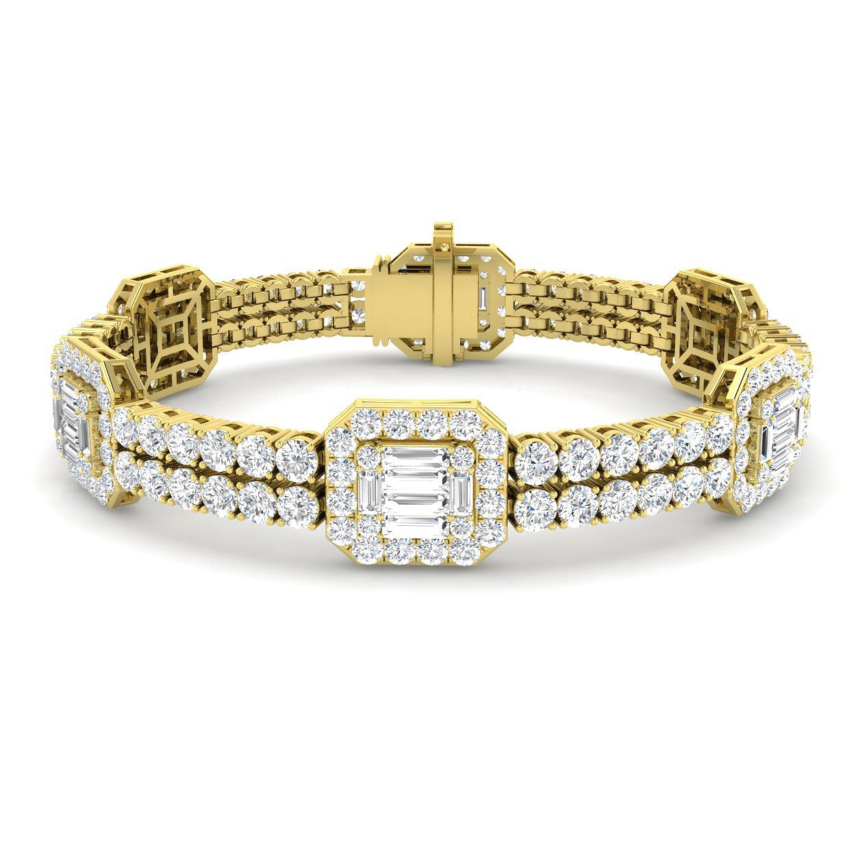 Luxury Round & Baguette Natural Diamond Bracelet in Platinum | Pave Set Emerald Style