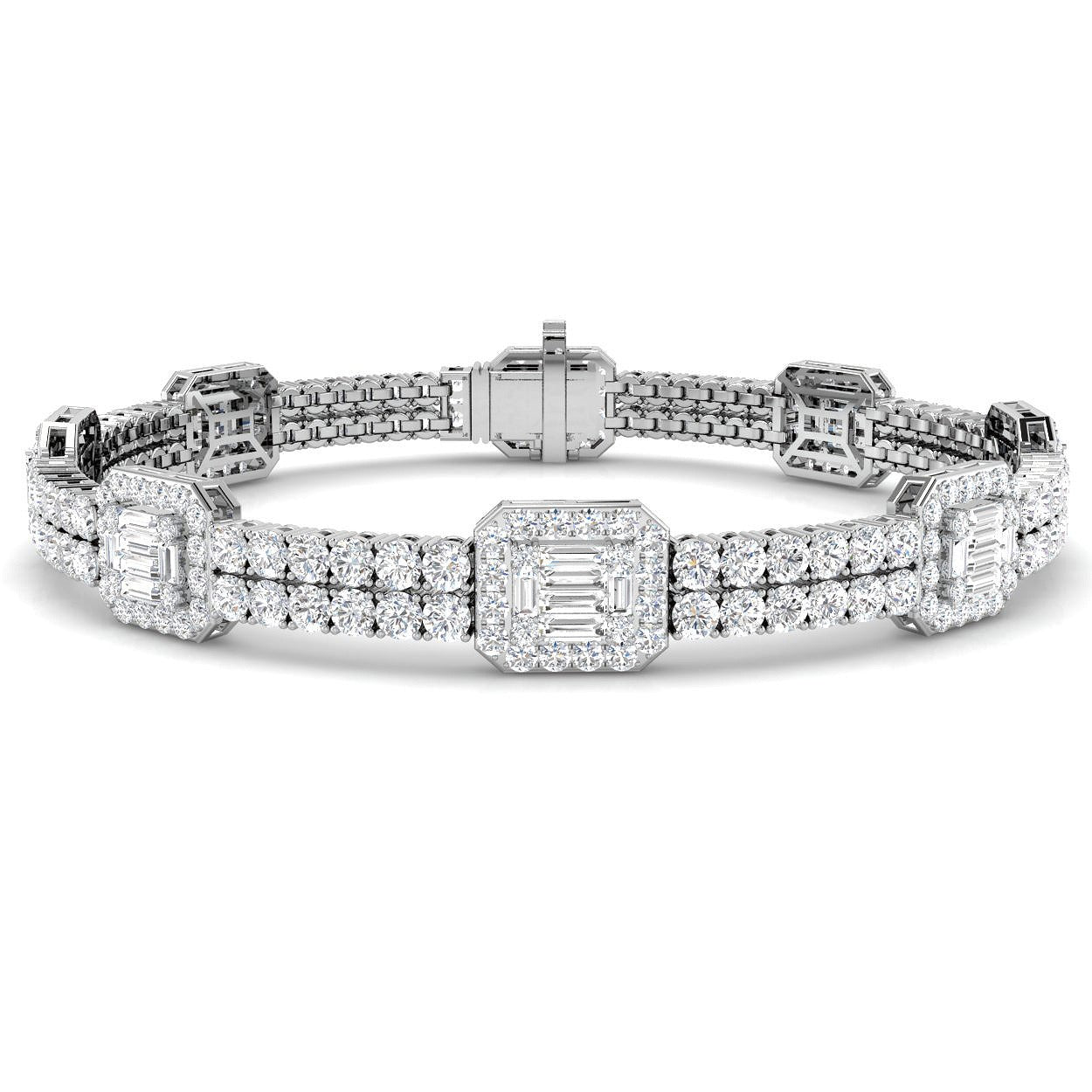 Luxury Round & Baguette Natural Diamond Bracelet in Platinum | Pave Set Emerald Style